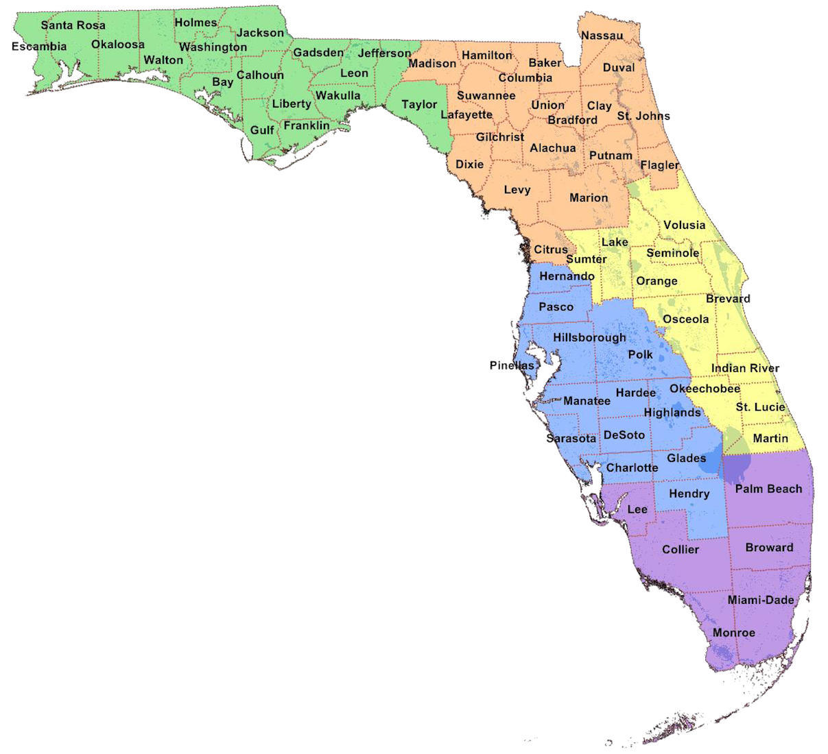 Florida School Districts color-coded by region